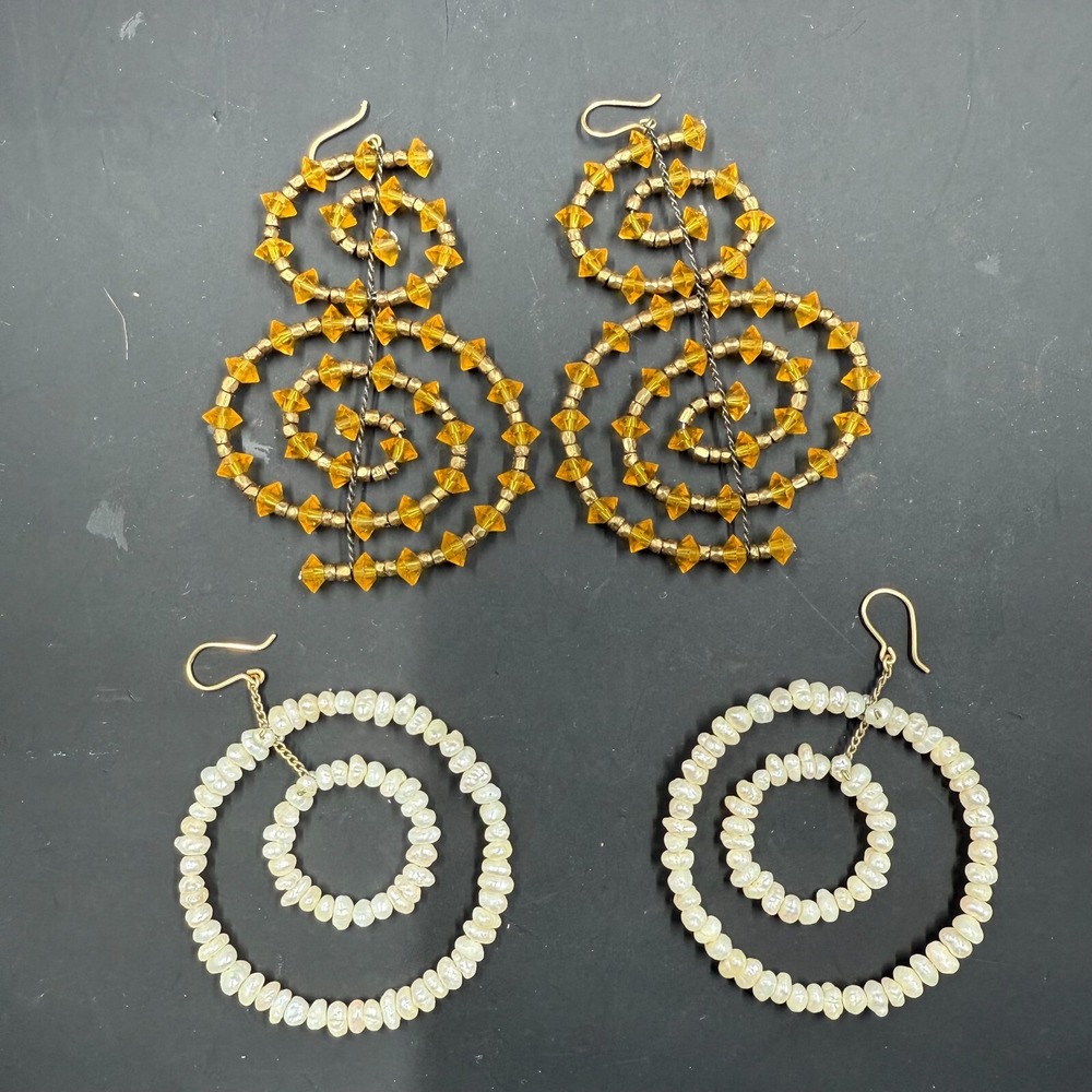 Handmade Beaded Earrings Lot – Amber Glass Spiral & Pearl Hoop‎ Dangles 3"/2.25"